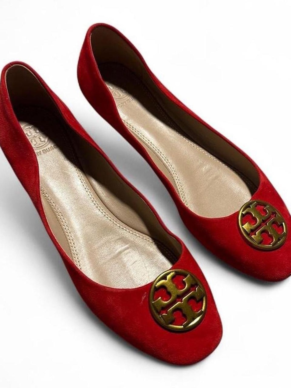 Tory Burch Red Suede Logo Round-Toe Ballet Flats